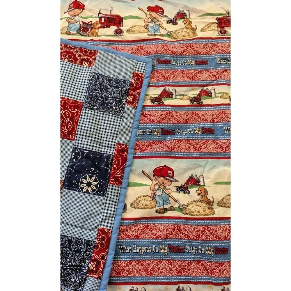Handmade Farmall Tractor Farm Boy Fabric Quilt Blanket What Happens On My Red IH